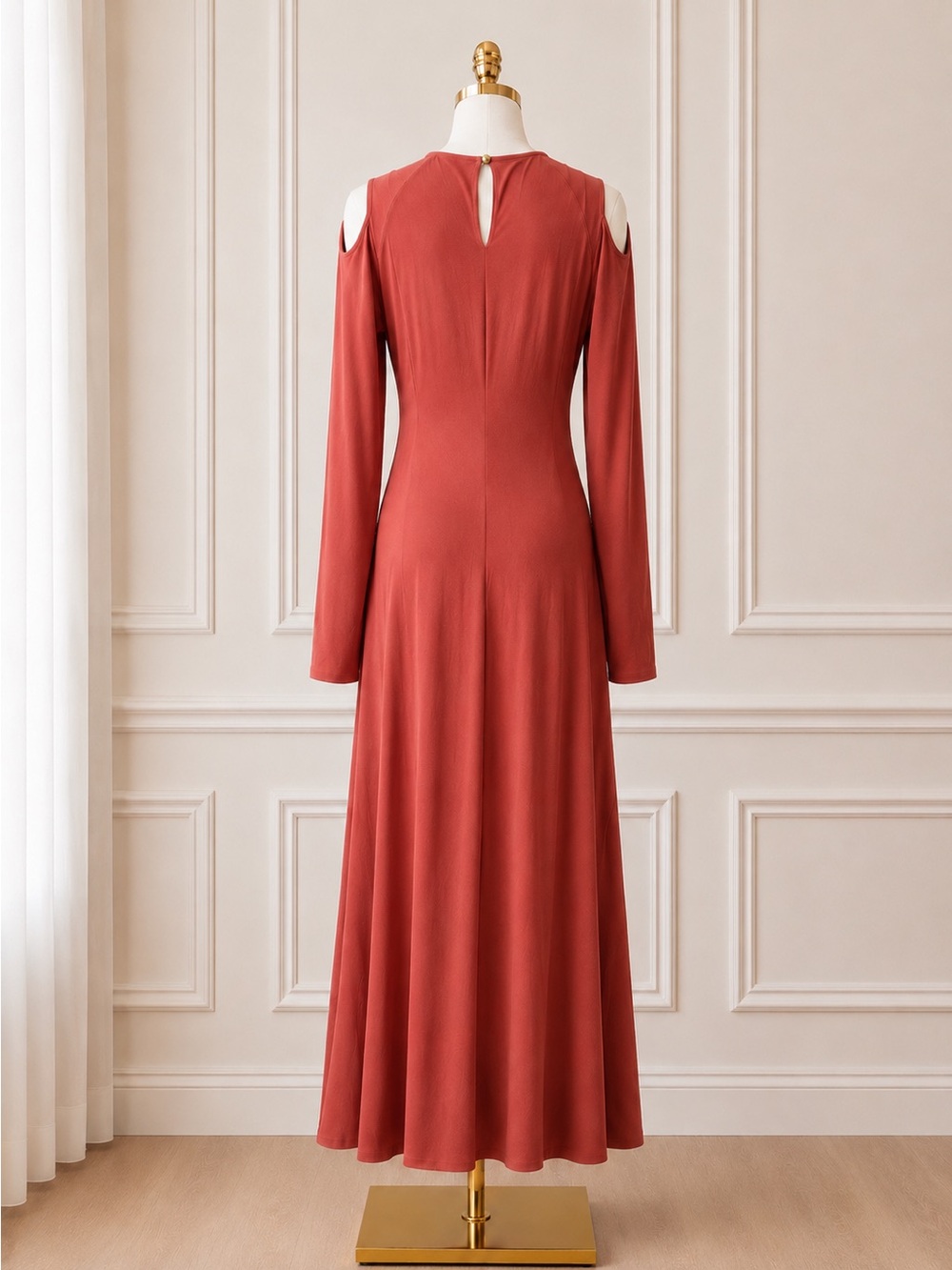 NWT MANGO Coral Cold Shoulder Maxi Dress Front Slit Long Sleeve Size M - Picture 2 of 4
